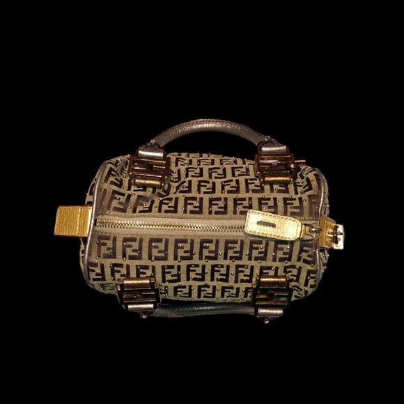 Fendi Zuchino Metallic Tobacco Brown Studded Gold Mini Forever Boston - Picture 3 of 13